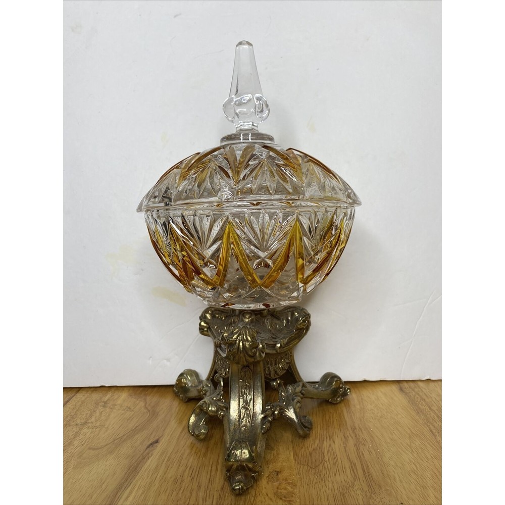 Vintage BWM & CO Compote Candy Dish with Crystal Cut Glass & Brass Pedestal Base